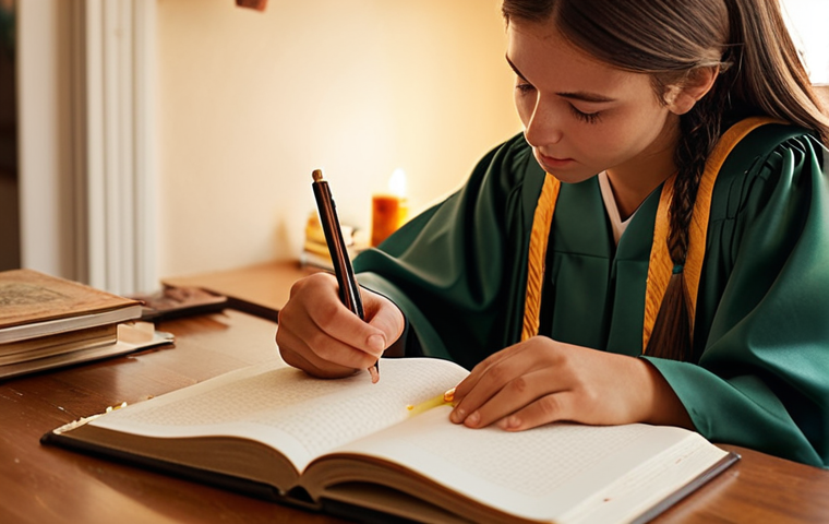 **
A person sitting at a desk, bathed in warm light, writing in a journal. The background is slightly blurred, showing images of their past – a graduation photo, a family gathering, a challenging moment. The overall feeling is one of reflection, peace, and gentle self-discovery. Focus on conveying emotion and introspection.
**