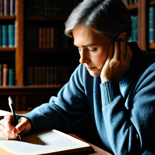 Home 6 **Prompt 1: Unveiling the Inner Narrative**
A thoughtful individual in their late 20s to early 30s, dressed in a modest, comfortable, professional sweater and trousers, sitting at a classic wooden desk. They are gently holding an open, worn leather journal, a pen poised above its pages. The setting is a cozy, softly lit study filled with books, evoking a peaceful atmosphere of introspection. Subtle, abstract light patterns emanate from the journal, symbolizing unearthed memories and insights. The subject's expression is serene and contemplative, focused on the act of writing. Perfect anatomy, correct proportions, natural pose, well-formed hands, proper finger count, natural body proportions. Professional photography, soft ambient lighting, high resolution, realistic. safe for work, appropriate content, fully clothed, professional.