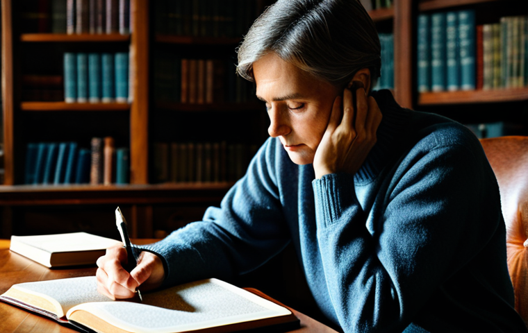 **Prompt 1: Unveiling the Inner Narrative**
A thoughtful individual in their late 20s to early 30s, dressed in a modest, comfortable, professional sweater and trousers, sitting at a classic wooden desk. They are gently holding an open, worn leather journal, a pen poised above its pages. The setting is a cozy, softly lit study filled with books, evoking a peaceful atmosphere of introspection. Subtle, abstract light patterns emanate from the journal, symbolizing unearthed memories and insights. The subject's expression is serene and contemplative, focused on the act of writing. Perfect anatomy, correct proportions, natural pose, well-formed hands, proper finger count, natural body proportions. Professional photography, soft ambient lighting, high resolution, realistic. safe for work, appropriate content, fully clothed, professional.